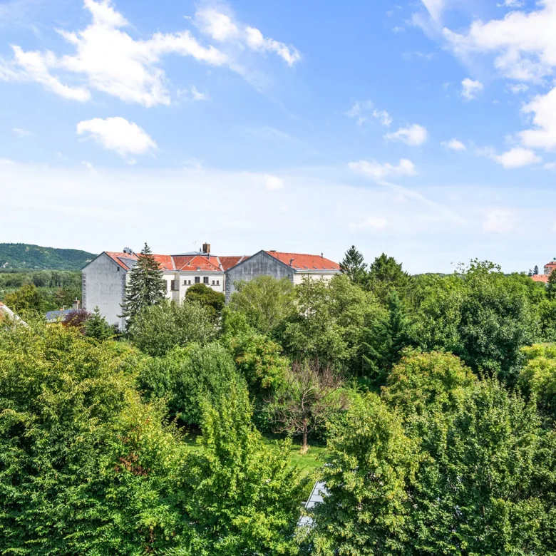 Ausblick vom Wohnsalon auf den Bisamberg und das Stift Klosterneuburg
